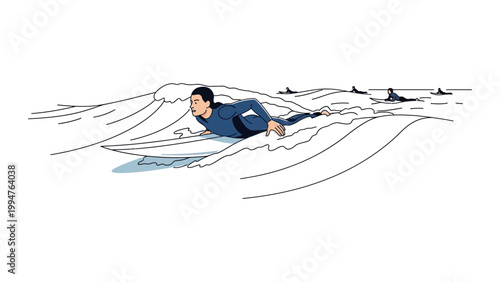 Man in blue wetsuit surfing on large wave with dolphins in ocean water sports scene