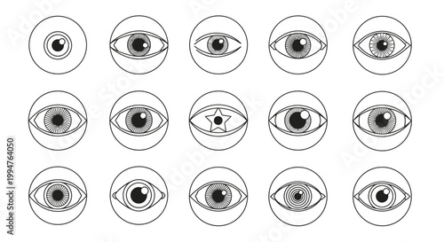 A set of 3D cartoon human eye vector icons featuring blue iris designs and pupil eyeballs for a vision symbol look