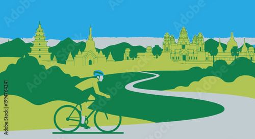 A vector illustration of a cyclist on a mountain bike ride through a green summer meadow with trees, hills, and a bright sun under a blue sky with clouds