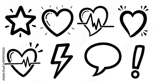 Vector set of abstract icons and travel symbols featuring heart signs and world labels for tourism logo design and passion for traveling stickers