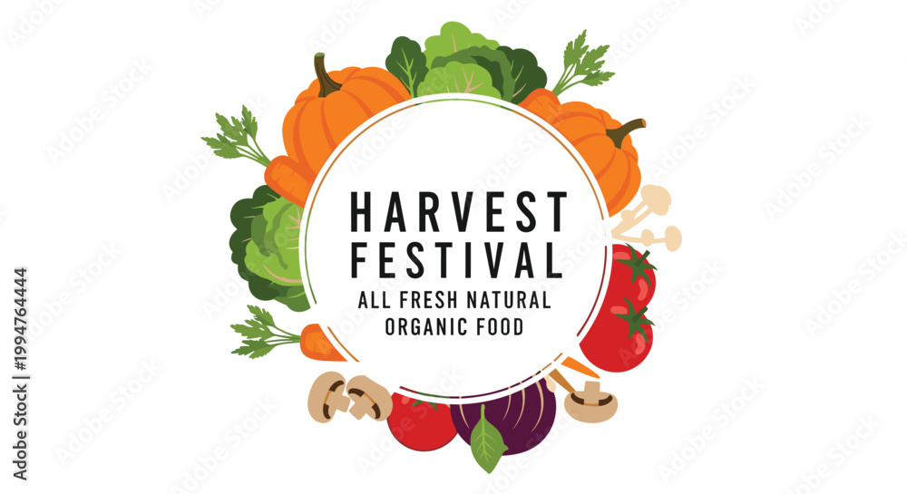Fototapeta premium Harvest festival label featuring a variety of fresh organic vegetables like pumpkins and tomatoes in a circle.