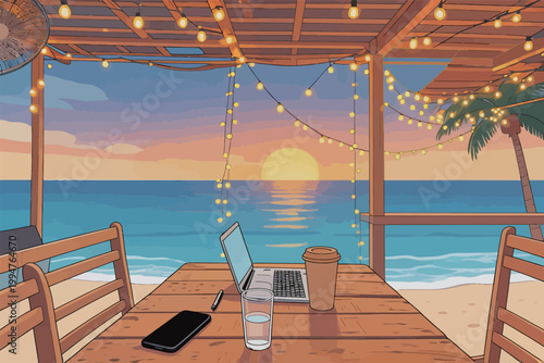 Beachside Workspace with Sunset and String Lights