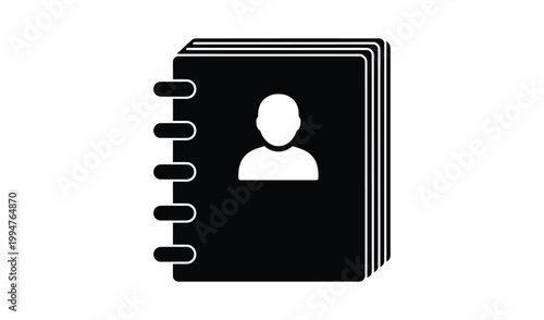 Black and white icon of a spiral notebook with a person silhouette on the cover, symbolizing education, business, or personal notes.