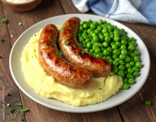 A plate of food with grilled sausages placed on creamy mashed potatoes and peas. Ai
