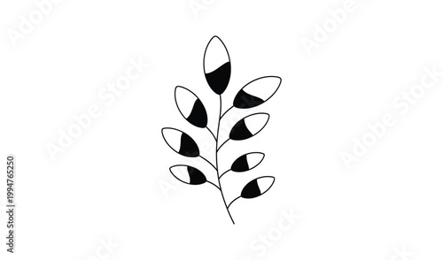 Black and white illustration of a delicate branch with seven leaves, minimalist botanical line art, perfect for tattoos or logos.
