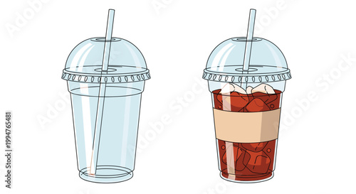 Refreshing beverage illustration features two plastic cups with straws, one empty and one filled with delicious iced coffee and ice.