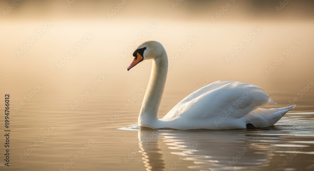 Obraz premium Elegant White Swan Gliding Gracefully Across Calm Water at Sunrise with Soft Golden Light