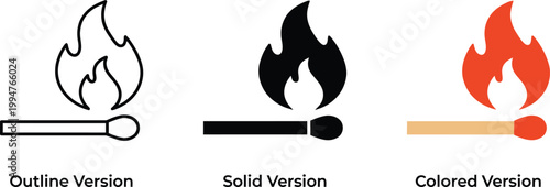 Match icon set. Matchstick burning graphic. Flammable indicator.