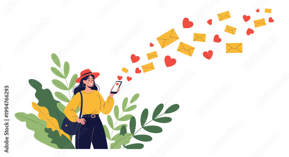 Fototapeta premium Woman using a mobile phone to send love and messages features floating heart and envelope icons against a background of green leaves.
