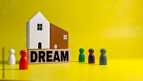 Small model houses rest on a wooden block labeled 