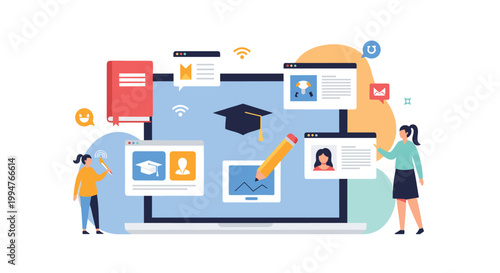 Digital learning and online education concept featuring a laptop screen with various study icons and female students characters.