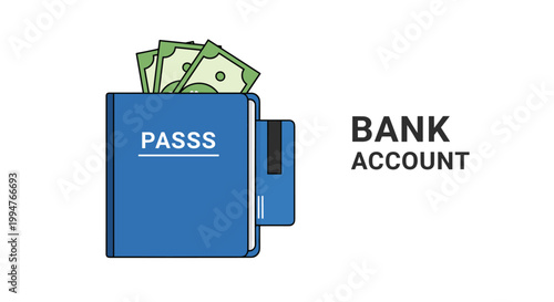 Bank account concept featuring a blue savings passbook with dollar bills and a credit card sticking out on a white background.