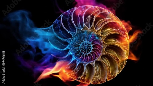 A vibrant, colorful digital art piece of a nautilus shell with glowing, fiery hues on a black background