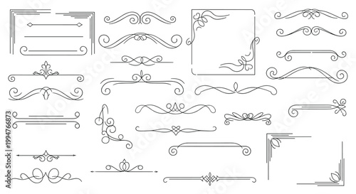 Extensive collection of elegant black calligraphic ornaments, borders, dividers, and corners for vintage style document design.