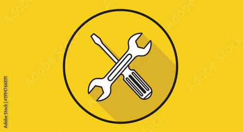 Repair and maintenance service icon featuring a crossed wrench and screwdriver on a bright yellow circular background.