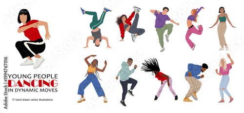 Young people dancing in dynamic poses. Modern urban dance, movement, energy and freedom concept with diverse characters in stylish casual outfits, vector illustration set.