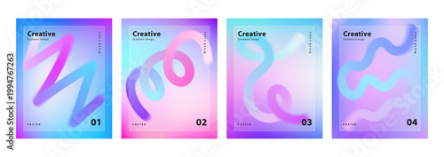 Abstract Gradient Poster Set with Fluid 3D Blend Lines, Glass morphism Texture, Grainy Pastel Backgrounds, and Modern Minimalist Typography for Branding and Web Design