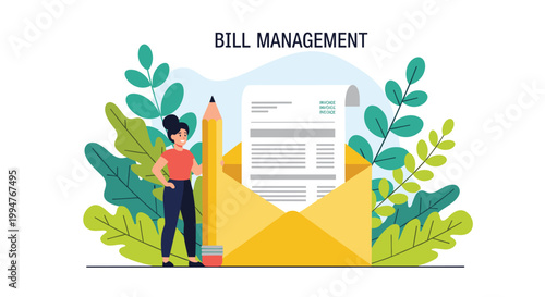 Bill management and accounting concept featuring a woman character with a large pencil next to an invoice in an envelope.