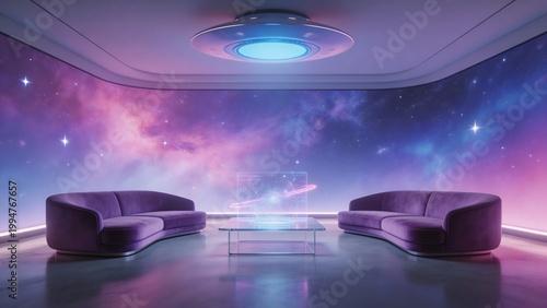 Futuristic room with cosmic wall