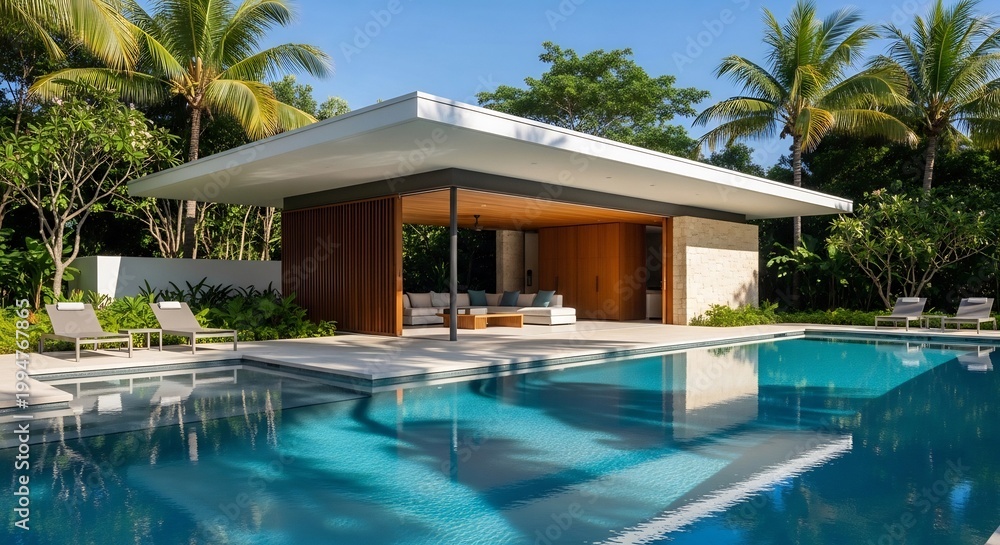 Fototapeta premium Modern Luxury Resort Poolside Cabana with Tropical Palm Trees.