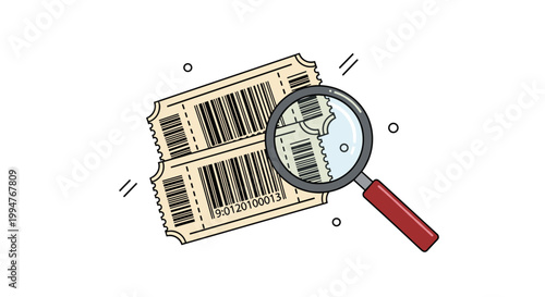 Close up illustration of two tickets with barcodes being inspected by a magnifying glass for verification purposes.