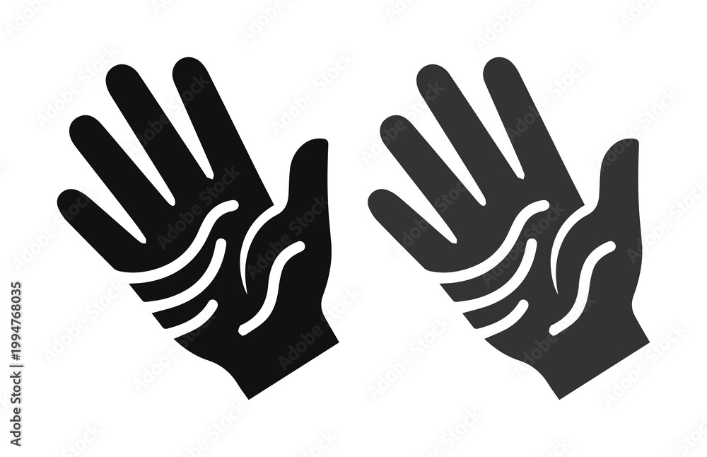 Obraz premium Minimalist hand palm icons with wave lines, black silhouette human hand symbols, flat vector illustration for skincare and hygiene concepts