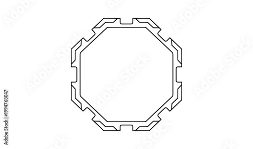 Abstract geometric line drawing of a polygonal shape with intricate edges, minimalist design, black and white illustration, vector graphic