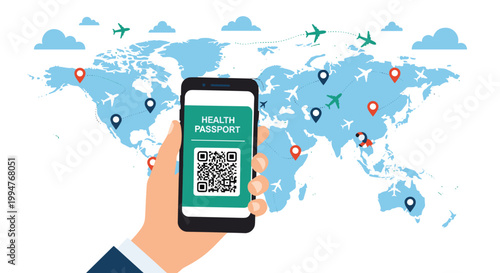Digital health passport concept showing a smartphone with a QR code held against a global world travel map background.
