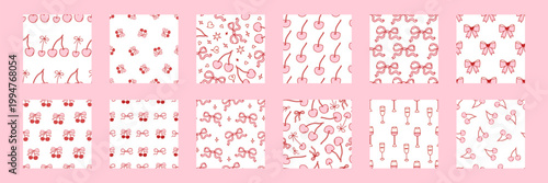 Pink cherry and heart seamless pattern set with ribbon bows. Girly coquette print perfect for Valentine textiles, spring backgrounds, or cute cottage-core designs. Trendy vector illustration.