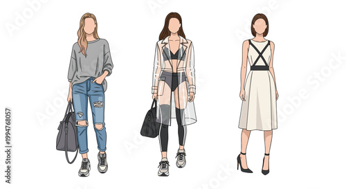 Fashionable women showcasing a variety of looks including a casual sweater, a unique transparent coat, and a dress.