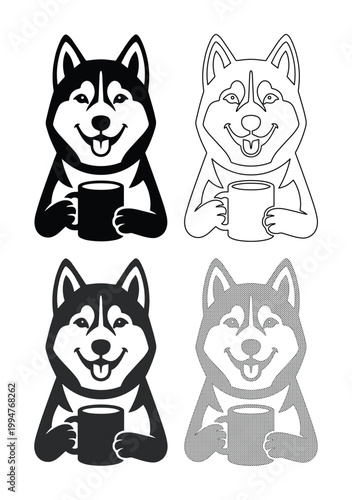 Siberian husky dog holding coffee mug vector set, cute malamute puppy drinking tea icons, black and white animal mascot illustrations for cafe branding