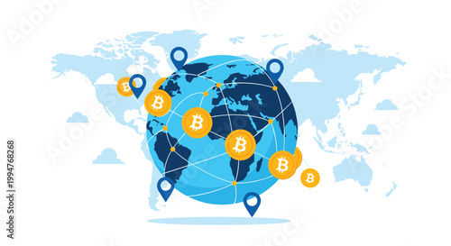 Global cryptocurrency network concept showing Bitcoin coins and location pins connected across a world map globe.