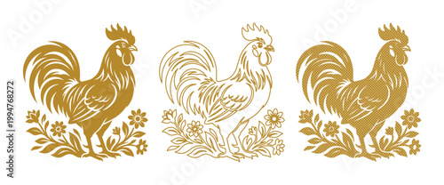 Golden rooster vector illustrations, vintage farm animal silhouettes with floral accents, set of 3 elegant gold cockerel icons for branding