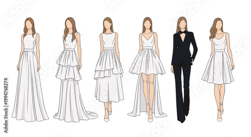 Collection of six elegant fashion sketches showing women in various styles of formal evening dresses and a suit.