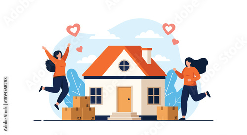 Happy new female homeowners celebrating in front of their new house surrounded by cardboard boxes during a move.