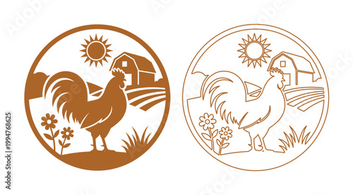 Vintage rooster farm logo set, rustic poultry ranch emblems with barn and sun, brown organic agriculture vector icons for food packaging