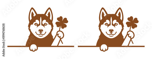 Siberian husky dog vector illustration holding four leaf clover, cute puppy mascot peeking over edge, brown line art pet character for Saint Patricks Day