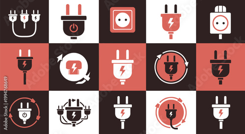 Collection of electrical plugs and outlets showing power connection, energy, and recycling symbols