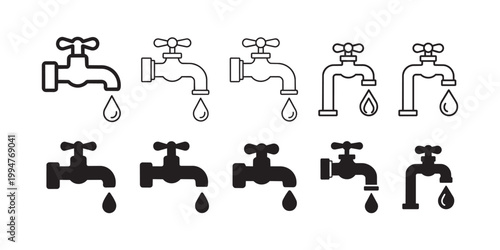 Water tap collection with dripping liquid droplets set of black contour symbols in various styles like outline and silhouette on transparent background grid.