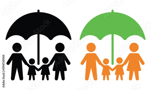 Contrast of families under different colored umbrellas symbolizing protection and care