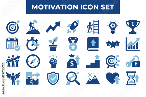 Schilderij op canvas Motivation and success icon set featuring business growth and achievement signs