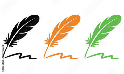 Three stylized feathers attached to quill pens in black, orange, and green