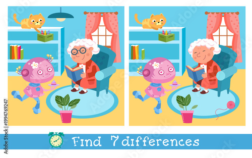 Find seven differences educational game for kids with grandmother and robot. Two similar vector pictures show cozy room with grandma reading book and cute pink robot assistant. Fun logical puzzle