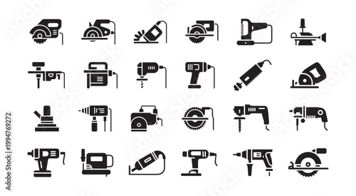 Diverse set of electric workshop tools including circular saws drills sanders and grinders for professional carpentry and masonry building work vector.