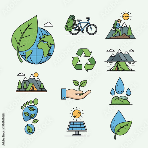 Eco friendly office icons show green workplace environment with ecofriendly symbols
