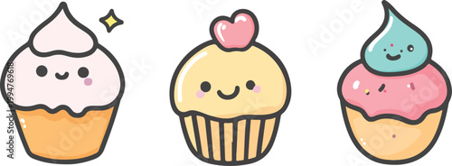 Vector illustration of delicious chocolate ice cream cones and a sweet birthday cupcake with pink strawberry icing, cherry garnish, and baked pastry snacks for a celebration
