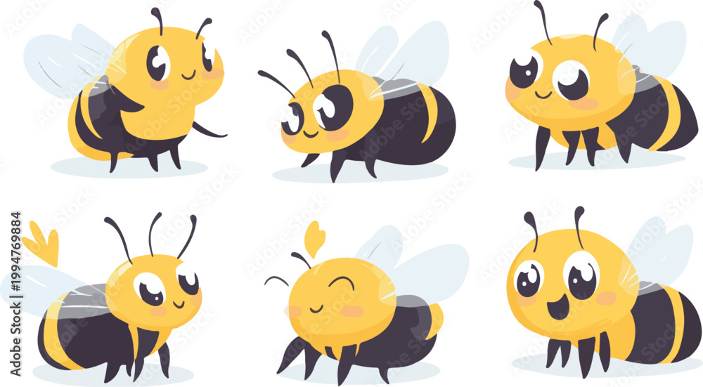 Naklejka premium Set of funny cartoon bee and insect vector illustrations featuring a cute animal collection with smiling face icons and comic character art for a fun baby drawing