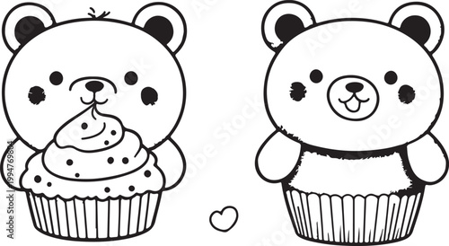 Set of funny cartoon cupcakes with pink cream icing and cherry toppings on sweet chocolate muffins for a cute birthday celebration bakery illustration