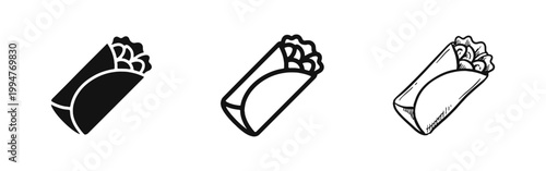 Burrito and wrap icon set, fast food shawarma symbol, mexican food vector illustration