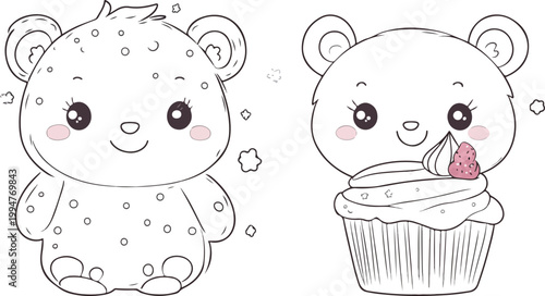 Cute cartoon teddy bear illustration with a pink heart and smiling cat character design for a baby birthday card or funny valentine toy art